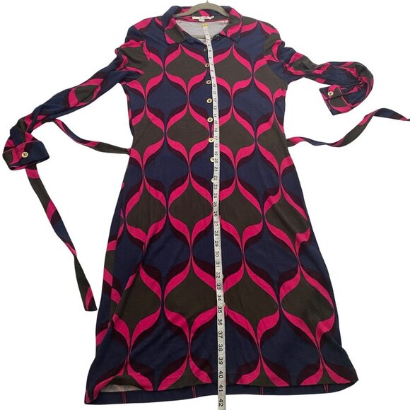 Boden stretch jersey knit Geometric print Button up Long Sleeve Shirt Dress belt - Picture 9 of 10